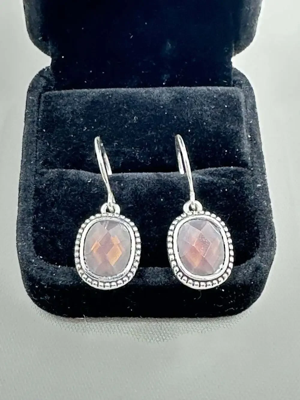 Napier Silver-Tone Beaded Edge Oval Faceted Stone Dangle Earrings